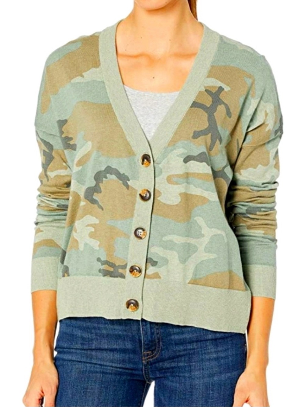 Sanctuary Women’s Green Camouflage Button-Front Cardigan Sweater